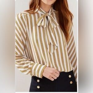 NWT LOFT Women's Blouse with White and gold vertical Stripes, ties in front sz M